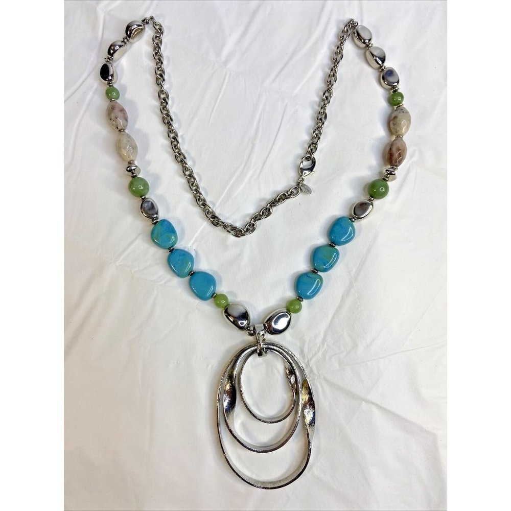 Chicos Beaded Statement Necklace w 3 Large Silver Tone Metal Oval Pendant 16-18"